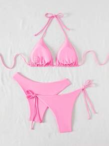 Swim Mod 2 Pieces Women Summer Beach Solid Color Halter Tie Back Top + Knot Triangle Bottoms + Triangle Bikini Set, 3-Piece Bikini Set