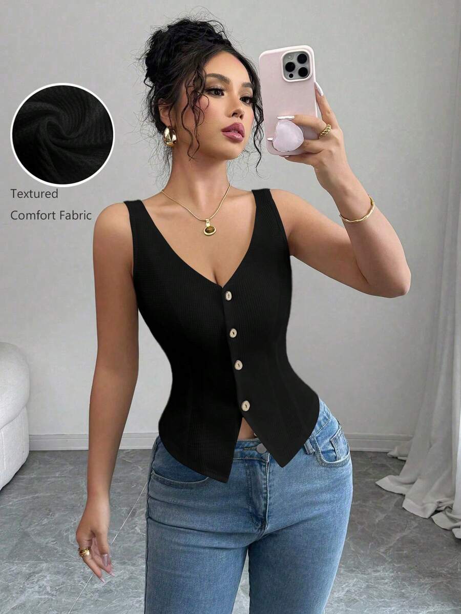 Elenzga Nueva Blusa sin mangas de corte slim, cuello en V, de primavera/verano 2025, estilo casual - Negro - Ver 1