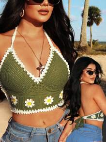 SHEIN SXY Nouveau style Top de camisole en crochet fleuri doux et frais pour femmes, convient pour les vacances à la plage, le printemps/été