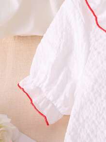 Tween Girls Minimalist Plain Light Pink Cherries Collar Ruffle Hem A-Line Nightgown - White - View 4