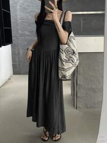 DAZY Gaun Maxi Lengan Pendek Tanpa Bahu untuk Wanita dari Denim - Hitam - View 7