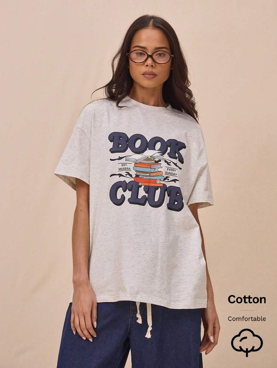 MUSERA Women T-Shirts Graphic Oversized Casual Vacation Elegant Book Shop The Book Club Slogan Tee Holiday Oversized T-Shirt Airport Graphic Tees Fall Back To School Autumn Winter Christmas,Elegant