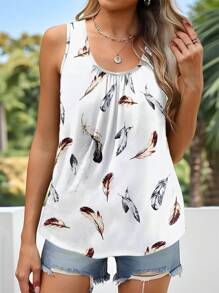SHEIN LUNE Áo ba lỗ cổ vuông in hình lông vũ cỡ lớn cho nữ, không tay, đơn giản, mặc hàng ngày - Nhiều màu - Xem 1