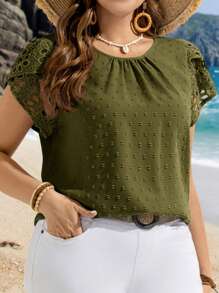 EMERY ROSE 加大码女式圆领短袖休闲衬衫夏季热带度假海滩简约上衣 - 軍綠色 - 查看 5