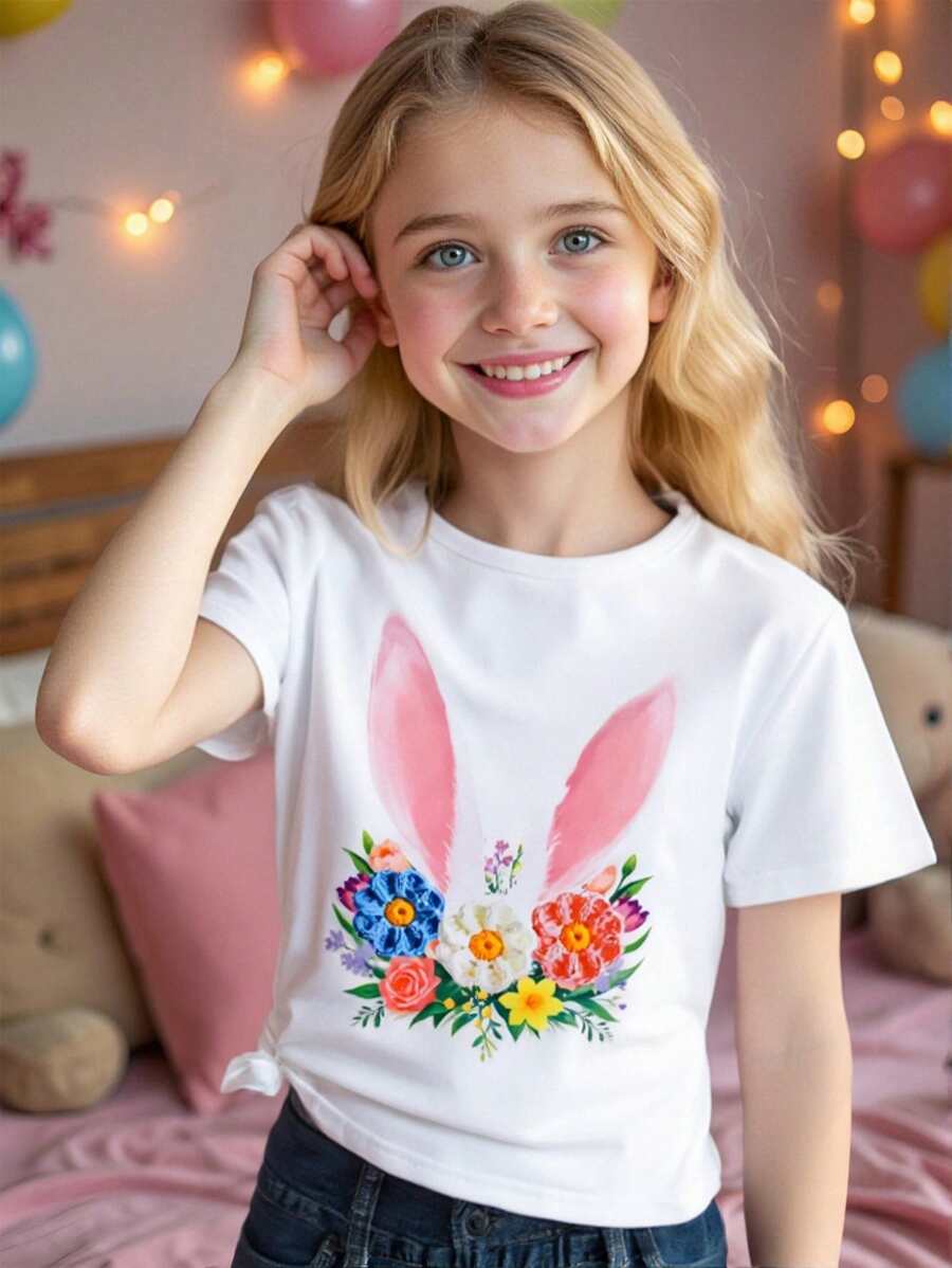 Tween Girls' Casual Rabbit Ear & Floral Print Short Sleeve T-Shirt, Suitable For Easter And Everyday Wear - White - View 1