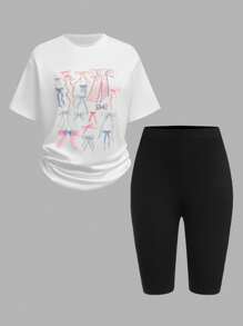 SHEIN 2pcs Youth Girl Set: Butterfly Print Loose Drop Shoulder T-Shirt & Black Cycling Shorts, Sweet & Casual Style - Black and White - View 13