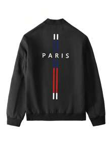 Manfinity Homme 男士字母印花长袖拉链休闲户外风衣棒球夹克，秋季 - 黑色 - 查看 3