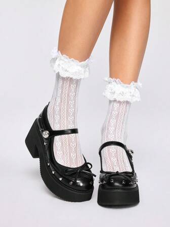 Grunge Punk Zapatos tipo Mary Jane con plataforma retro y tacón grueso, puntera redonda, decoración de tachuelas metálicas estilo gótico, correa de tobillo con , cómodos y casuales para uso diario