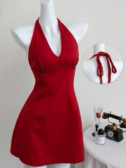 Elamini Red Deep V-Neck Halter Tie-Up Cord Sexy Elegant Backless A-Line Dress, Spring/Summer