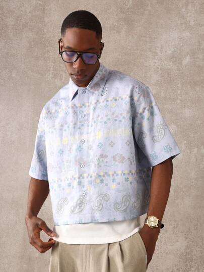 SUMWON Vintage Paisley Pattern Button Down Shirt Spring Summer Short Sleeve Casual Holiday Resort Wear Flowy Festival Aesthetic Casual Party Street Style