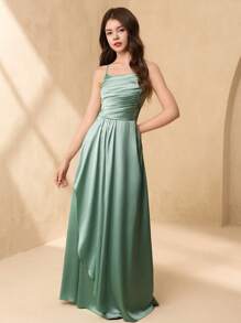 SHEIN Teenage Girls Wedding Bridesmaid Elegant Satin Ribbon Bow V-Neck Ruffled A-Line Long Dress For Prom, Birthday Party, Performance