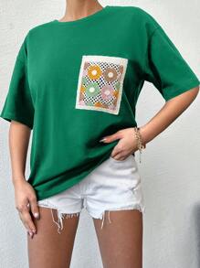 EURMUSE Crochet Patchwork Oversized Cotton T-Shirt - Green - View 5