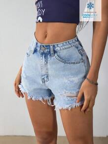 SHEIN Essnce Women's Pocketed Distressed Frayed Hem Casual Versatile Denim Shorts - Light Wash - View 3