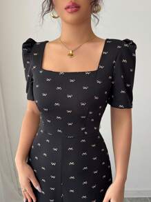 Modelyn Damen Schleifendruck rückenfrei V-Ausschnitt kurze Ballonärmel eleganter Jumpsuit