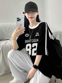 DAZY Women's Color Block Patchwork Short Sleeve Loose Letter Print T-Shirt, Spring & Summer Oversized T-Shirt,Graphic Tees - Black - View 4