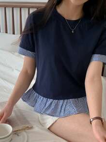 DAZY 女士格子拼布圆领休闲短袖T恤 - 藏蓝色 - 查看 3