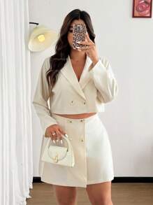 SHEIN Clasi Plus Size Women Double Breasted Short Blazer And Skirt 2 Pieces Set Graduation,Back To School,Teacher Outfits For Women - Apricot - View 1