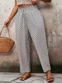 SHEIN VCAY Plus Size Casual Drawstring Waist Cropped Pants - Multicolor - View 5