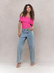 MISSGUIDED Off Shoulder Draped Top Summer Asymmetrical Design Festival Clubwear Party Short Sleeve Ruched Contemporary Basic Essential Elegant Feminine - Hot Pink - View 4