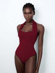 Lumivelle 女士纯色弹性露背连体衣，简约性感 - 酒紅色 - 查看 3
