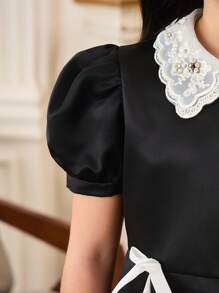 Tween Girls' Elegant Colorblock Puff Sleeve Bow Decor A-Line Dress - Black - View 5