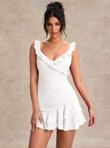 SHEIN BAE Váy ngắn ngày lễ tình nhân dễ thương và thanh lịch, cổ chữ V, viền bèo nhún cho nữ màu đỏ - trắng - Xem 7