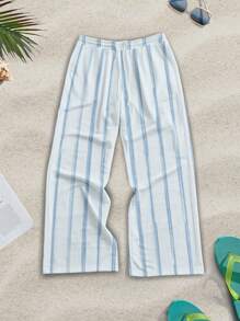 Manfinity KASUA Fashionable Casual Mature Vacation Retro Distressed Stripe Color Block All-Over Digital Print Pattern Standard Size Men's Loose Straight Leg Pants, Ideal For Summer Vacation, Dates, Parties, Couple, Boyfriend Gift - Blue and White - View 4