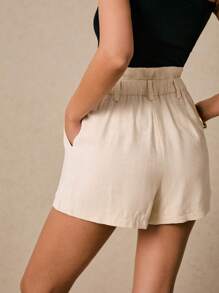 Poéselle Women's Shorts Linen Shorts With Pockets Super High Waist Shorts Asymmetrical Waist Bermuda Shorts Casual Shorts Elegant Shorts Women's Solid Color Fashionable Shorts, Suitable For Summer Women Linen Shorts Streetwear Going Out Casual Women Bottoms Boho Business Casual Women - Beige - View 5
