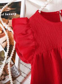 SHEIN Girl (Small) Red Textured Fabric Cap Sleeve Ruffle Hem Dress - Hot Pink - View 5