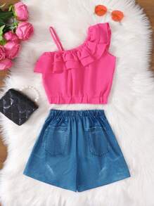 2pcs Girls' Casual Outfit: Sleeveless Wave Pattern One Shoulder Top And Digital Floral Print Denim Shorts Set, Spring/Summer - Hot Pink - View 2