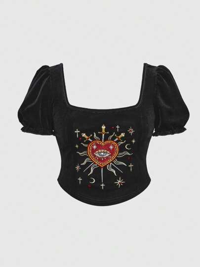 Goth Elegant Vintage Palace Style Rhinestone Jewel, Red Crystal, Embroidery Teardrop, Sun Gemstone Eye, Sun & Star Decor, Black Velvet Short Puff Sleeve Waist Cinched Plus Size T-Shirt