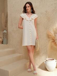 Uhlyne Abito casual da donna in lino intrecciato con maniche a volant, rifiniture arricciature, scollo a V con bottoni, vestito casual da resort con linea ad A