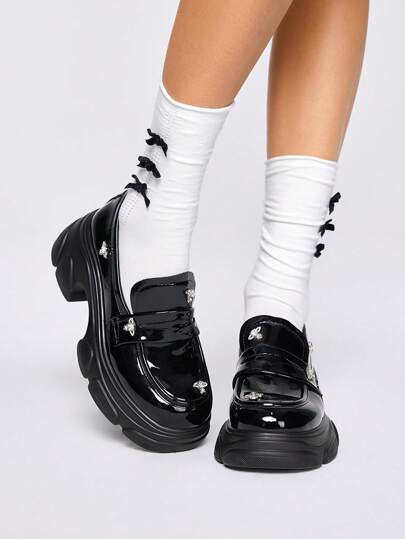 Fairycore أحذية نساء موضة ربيع 2025 ، أسود من البي يو مرصعة بالراين ستون، منصة، سهل الارتداء، بطراز بريطاني