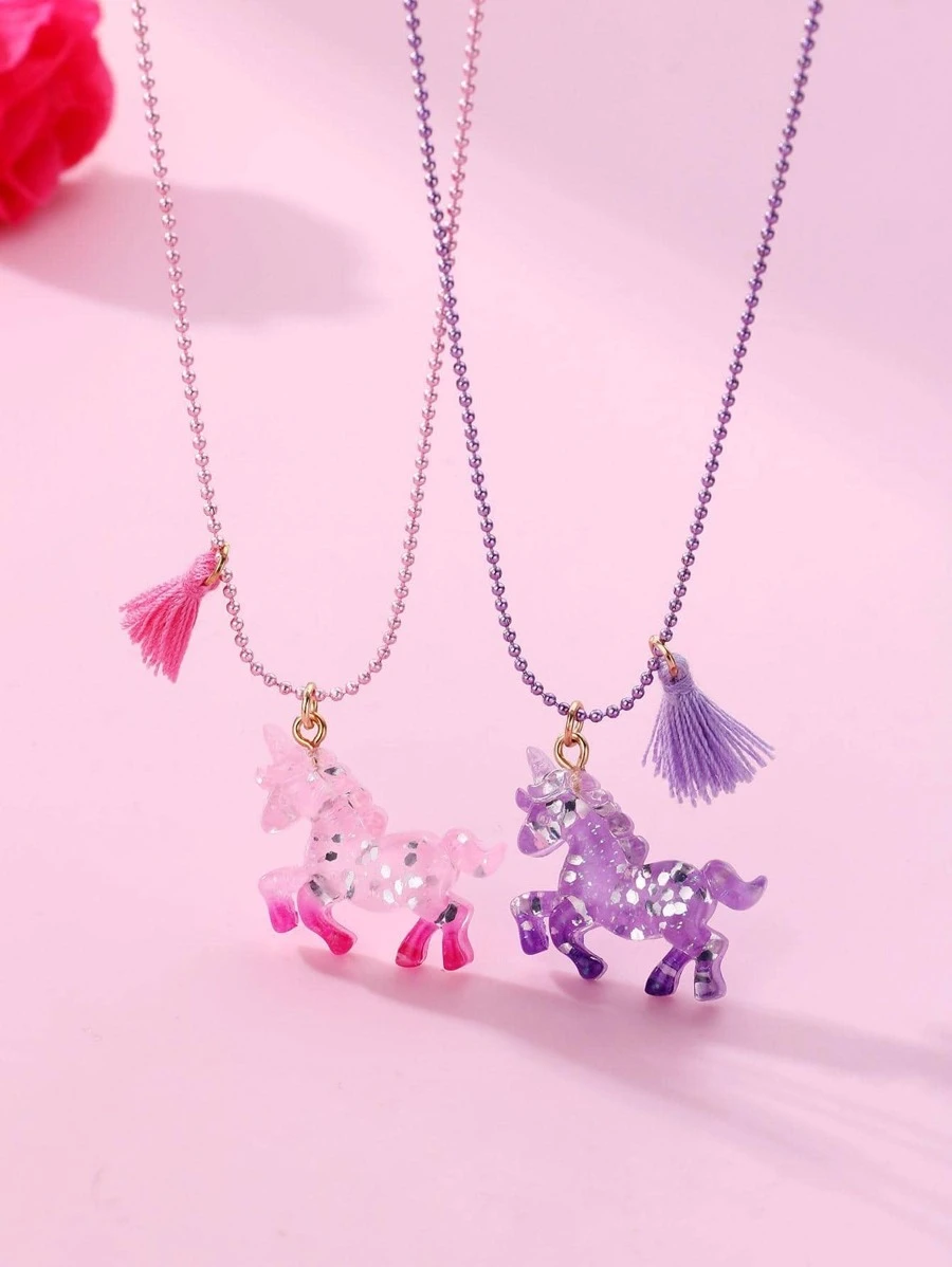 2入組女孩精緻的掛墜馬,樹,樹脂,銅珠和噴漆項鍊適合日常佩戴,也是珠寶禮物