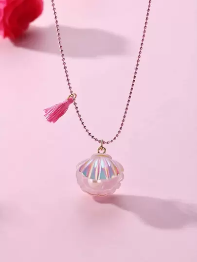 1pc Resin Shell Tassel Pendant Necklace For Toddler Girls, Suitable For Daily Wear