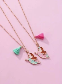 2入組/套女孩美人魚和流蘇吊墜項鍊