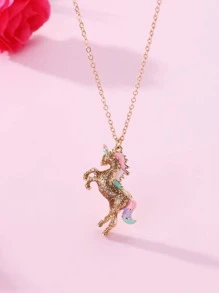 1只可愛的動物馬形鋅合金和彩色油滴裝飾掛墜項鍊,適合女孩日常佩戴
