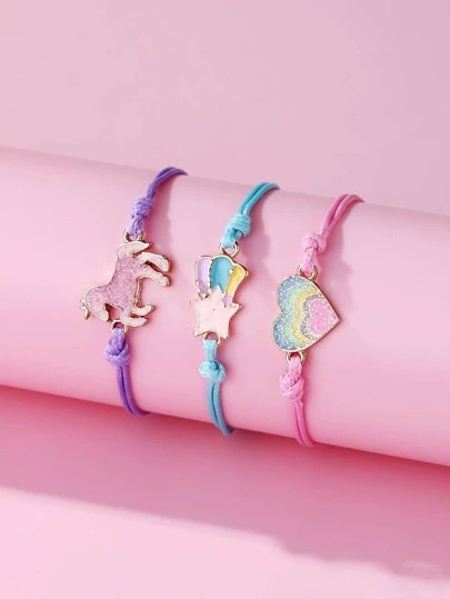 Bộ 3 vòng tay nhiều màu sắc, hình ngựa hoạt hình dễ thương, ngôi sao năm cánh, vòng tay kim loại hình trái tim, dành cho bé gái.