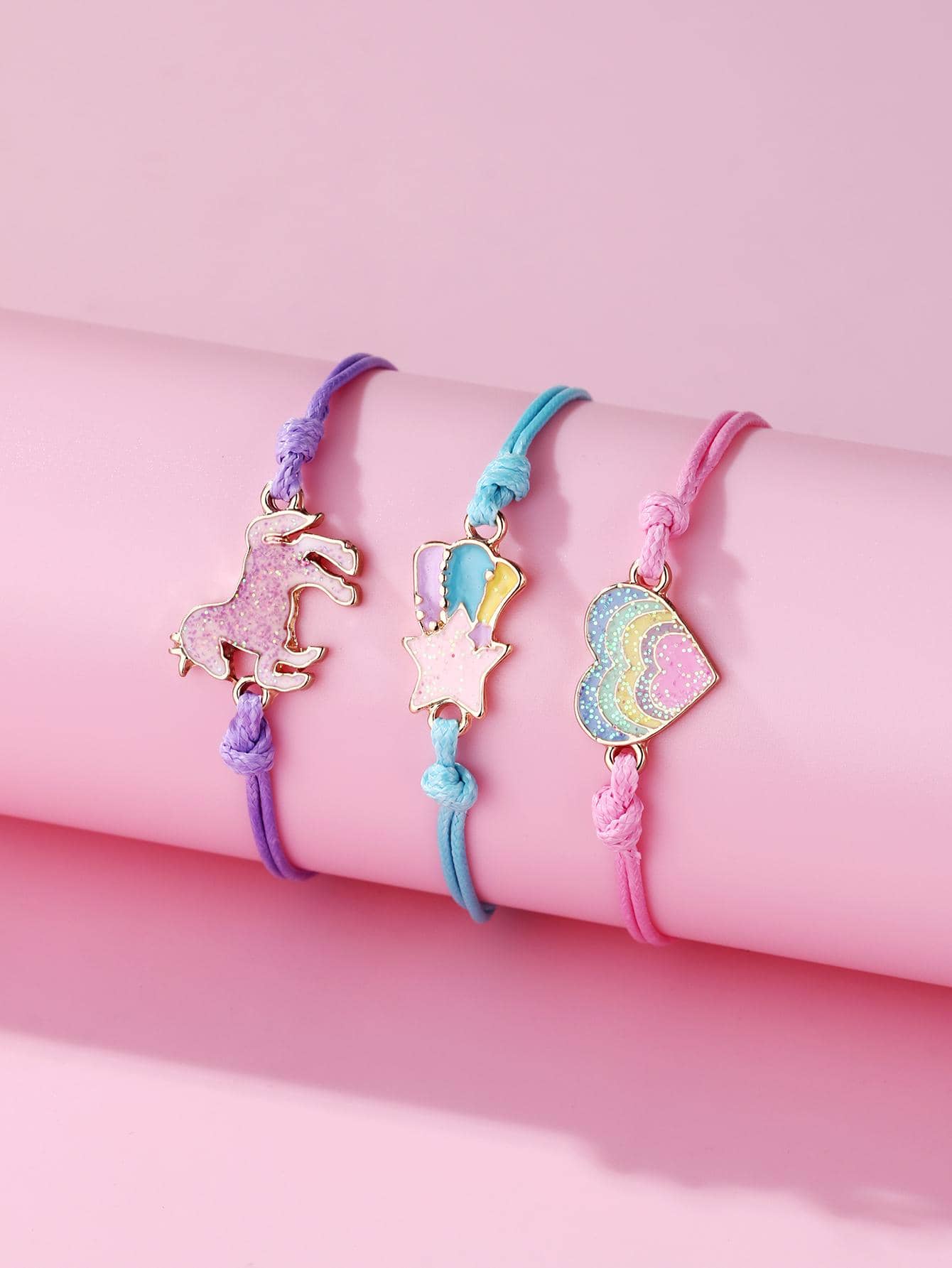 3pcs Colorful Bracelet Set, Cute Cartoon Horse, Pentagram, Heart Shaped Metal Charm Bracelets, For Girls - Multicolor - View 1
