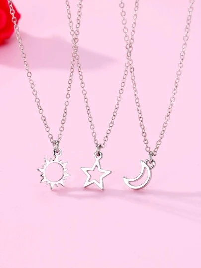 Set Of 3 Zinc Alloy Silver-Colored Iron Chain Necklaces For Girls, Decorated With Cute Sun, Moon And Pentagram Pendants. Suitable For Mother's Day, Mother And Daughter To Wear As Jewelry.
