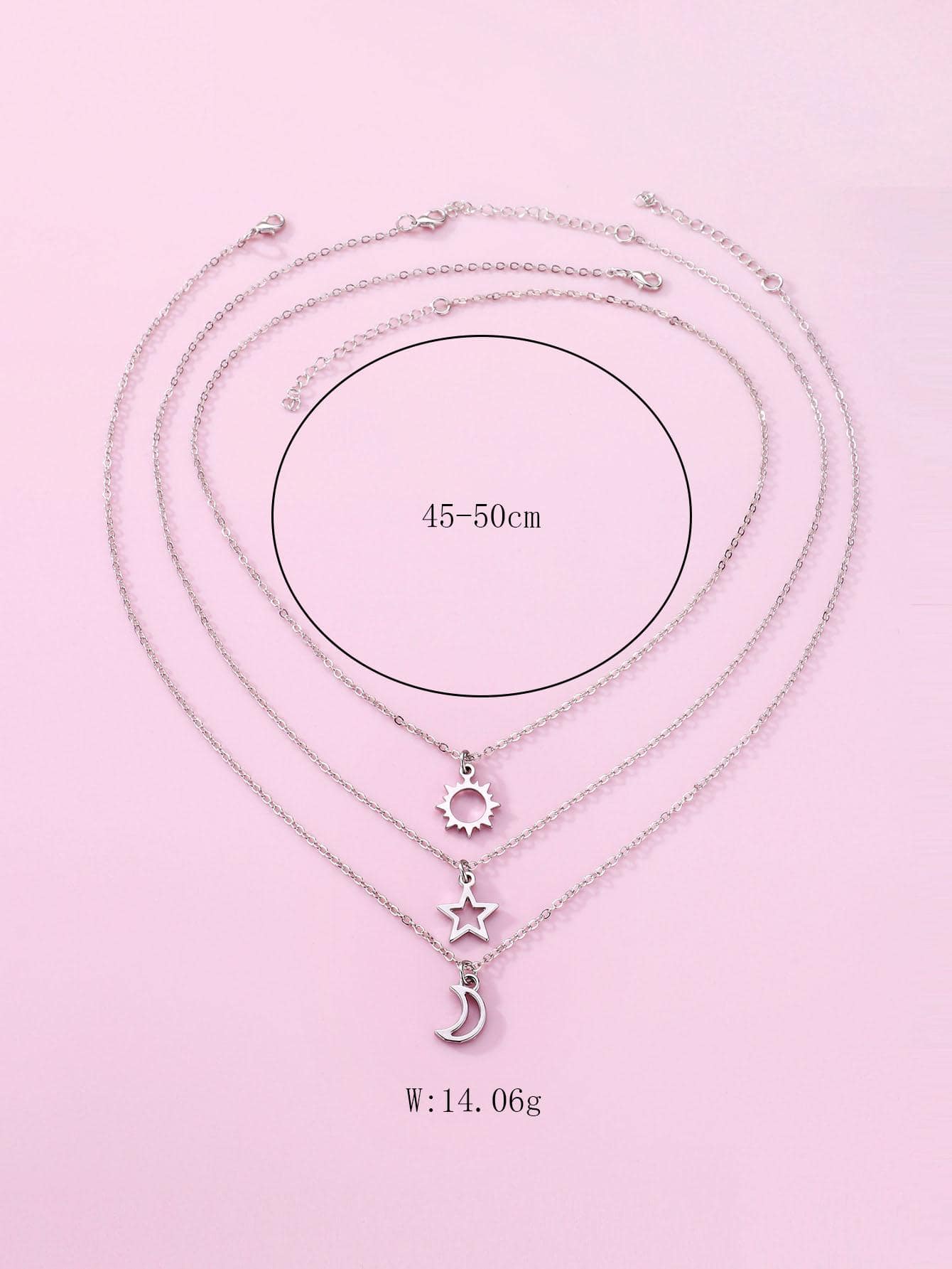Set Of 3 Zinc Alloy Silver-Colored Iron Chain Necklaces For Girls, Decorated With Cute Sun, Moon And Pentagram Pendants. Suitable For Mother's Day, Mother And Daughter To Wear As Jewelry.