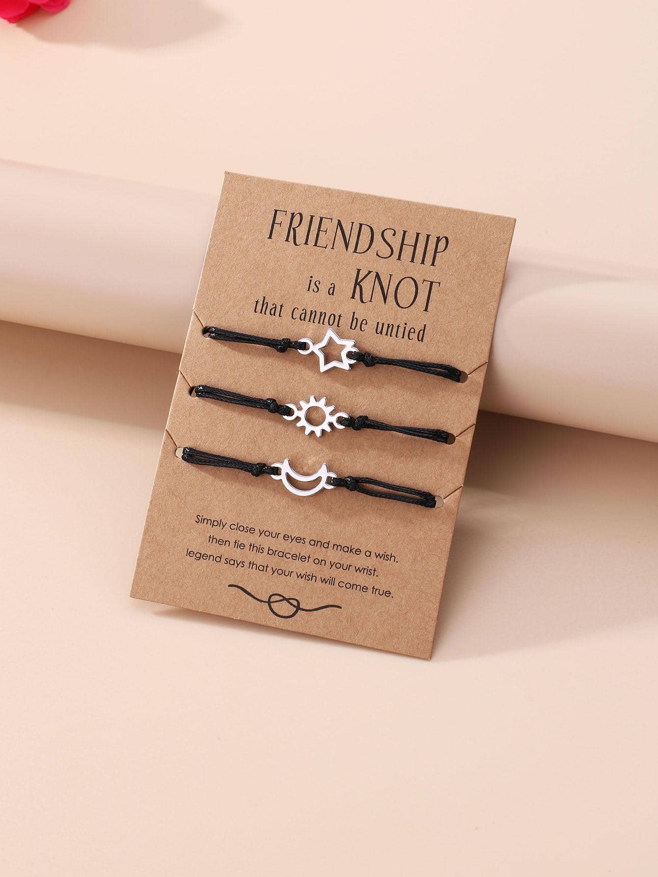 3入組/套太陽和月亮裝飾編織手鏈 - 黑與白 - 查看 1