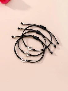 3入組/套太陽和月亮裝飾編織手鏈 - 黑與白 - 查看 3