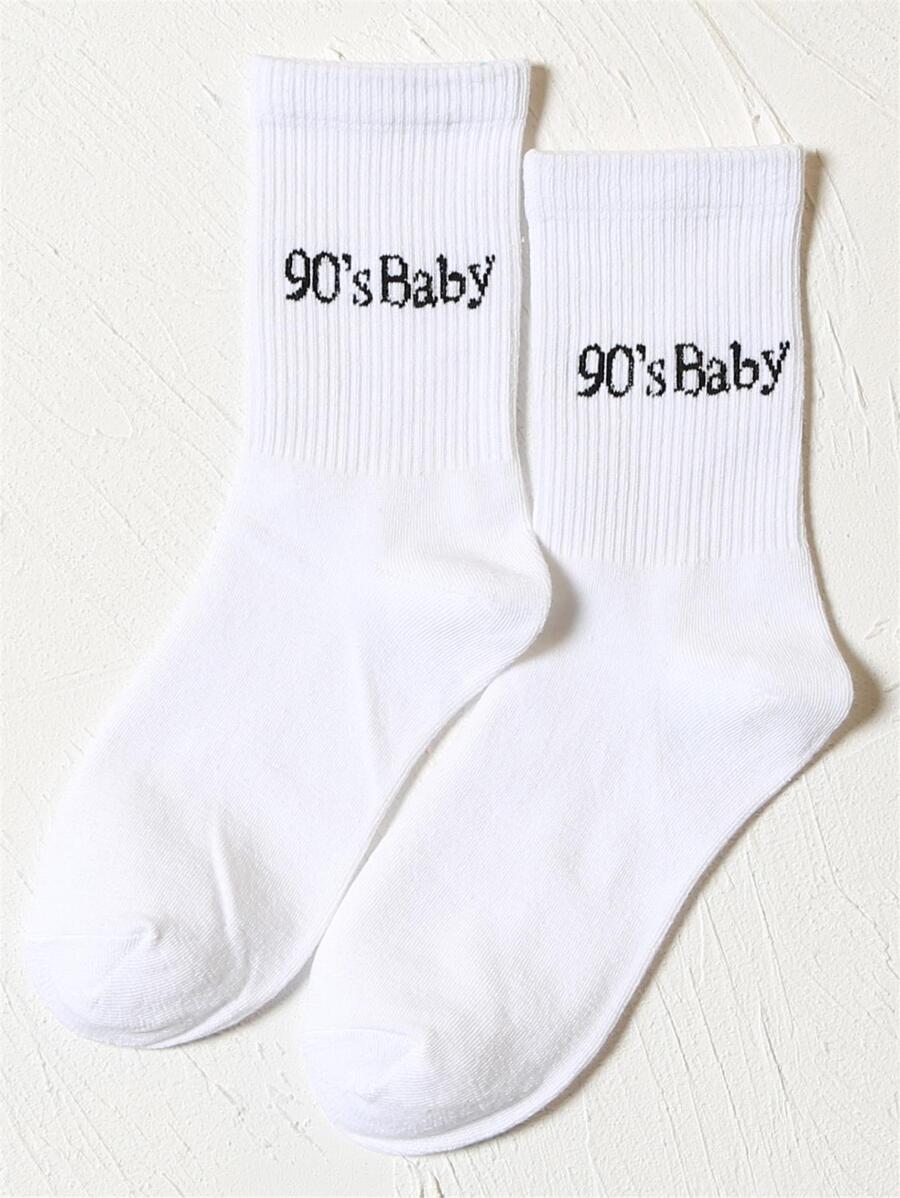 Letter Graphic Crew Socks - Black and White - View 1