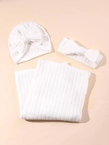 1 chăn quấn cho bé & 1 mũ trang trí nơ & 1 băng đô - trắng - Xem 2