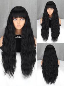 Long Body Wave Synthetic Wig With Bangs - Black - View 1