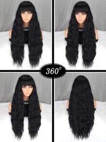 Long Body Wave Synthetic Wig With Bangs - Black - View 3