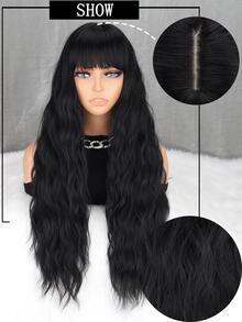 Long Body Wave Synthetic Wig With Bangs - Black - View 2