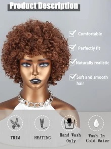 Short Afro Curly Synthetic Wig With Bangs - Brown - View 4