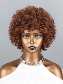 Short Afro Curly Synthetic Wig With Bangs - Brown - View 6